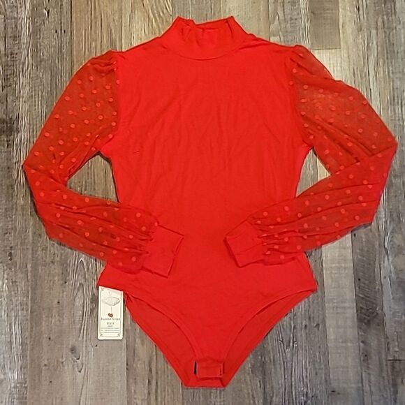Red Bodysuit with Polka Dot Sheer Long Sleeves Women's Size Large - Picture 1 of 8